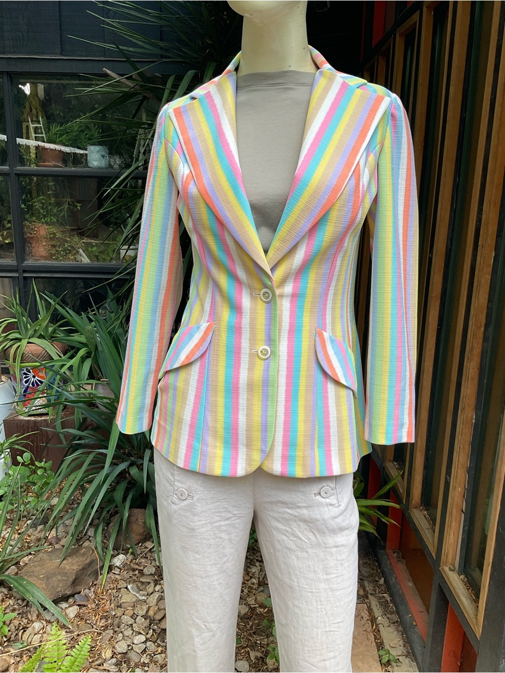 Vintage 70s 80s Pastel Candy Striped Blazer Jacket Copley Square Size Small